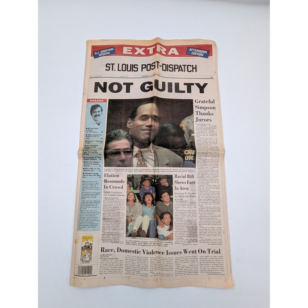 St Louis Post-Dispatch Oct 3 1995 OJ Simpson Not Guilty Verdict Newspaper VTG
